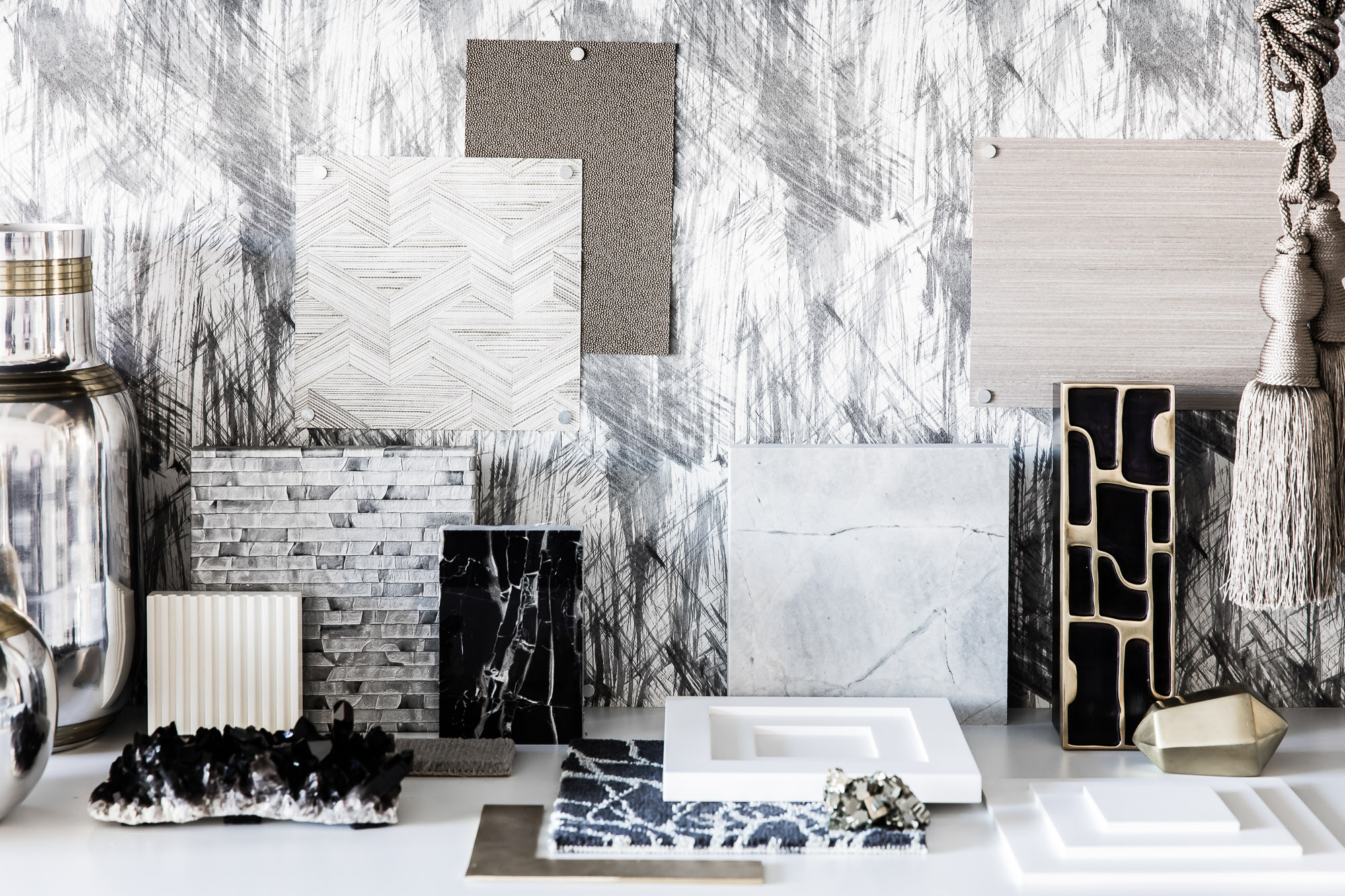 Neutral finish sample mood board by Sydney interior designers, Brendan Wong Design
