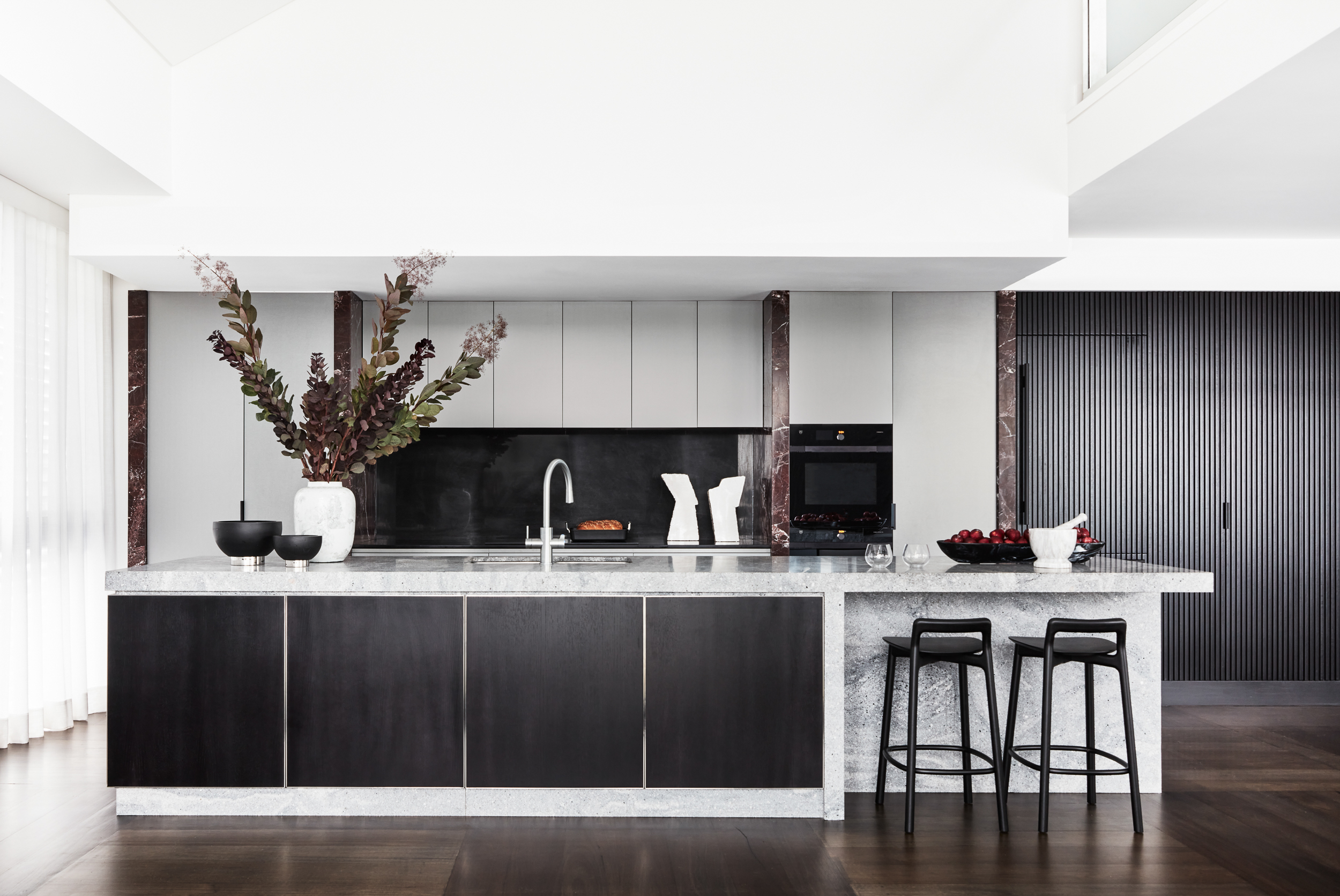 Architectural kitchen design and renovation with Rosso Levanto marble by Sydney interior designers, Brendan Wong Design