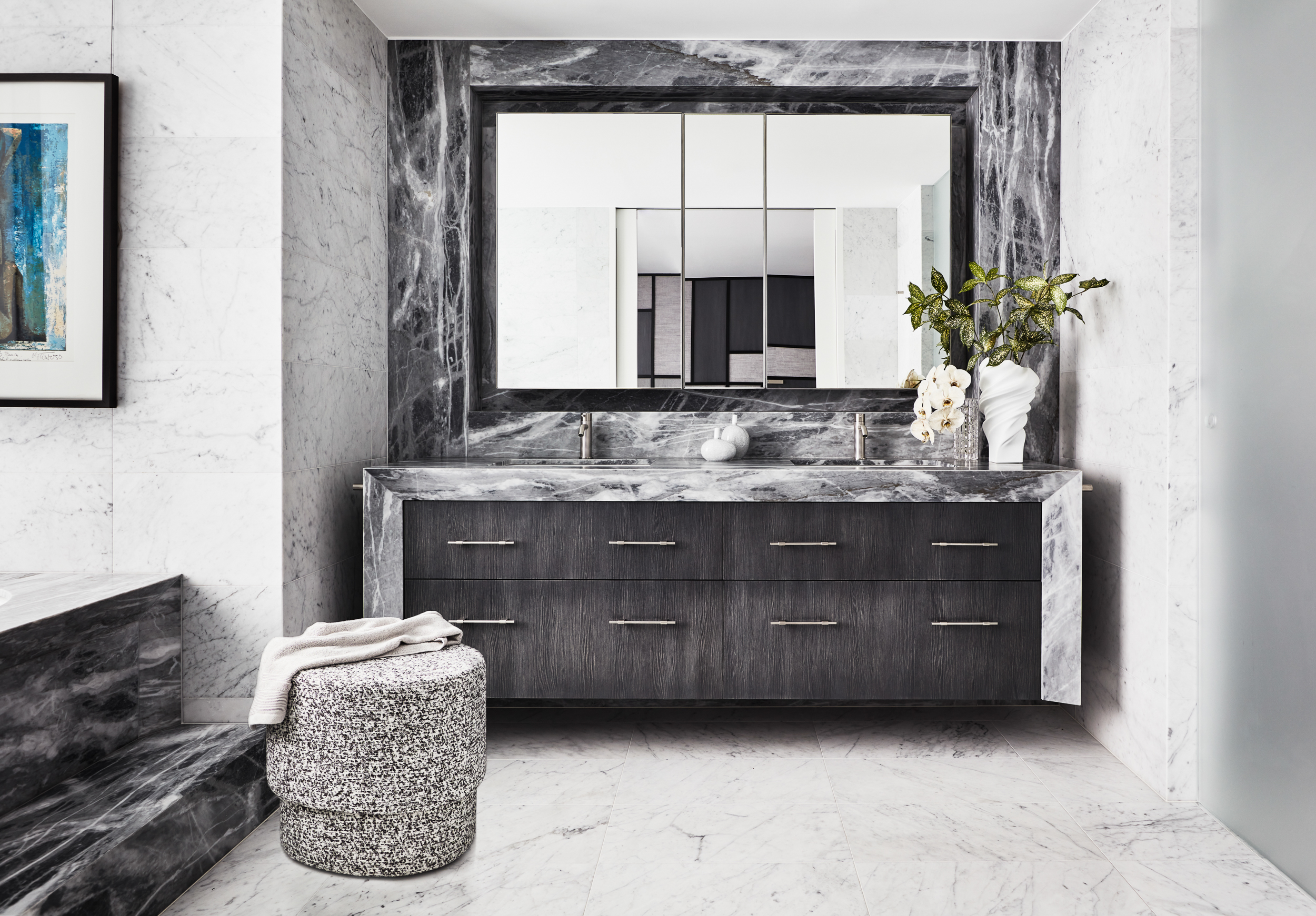 Master ensuite bathroom renovation with grey and white marble by Sydney interior designers, Brendan Wong Design