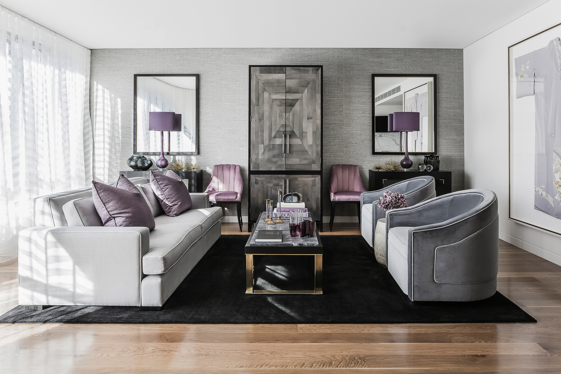 Elegant city apartment living room in modern art deco style by Sydney interior design studio, Brendan Wong Design