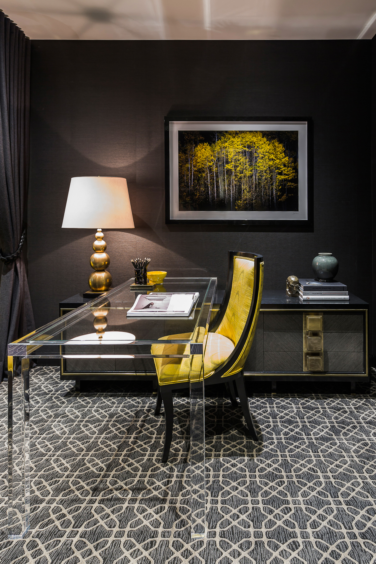 Moody black home office study room in city apartment with photography by Jason Davis, by Sydney interior designers