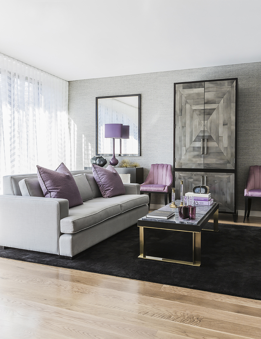 Loungeroom with purple cushions, armchairs and lamp by Brendan Wong, Sydney Interior Designer