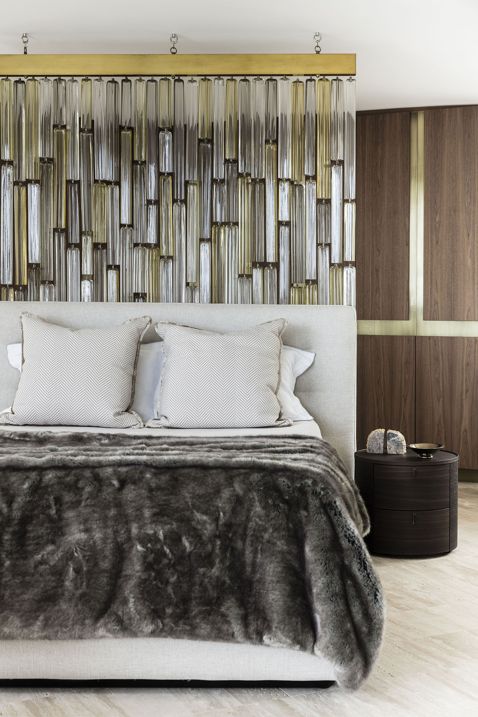 Bedroom design with 1stdibs Venini Murano glass screen and timber wardrobe by Sydney interior designers, Brendan Wong Design