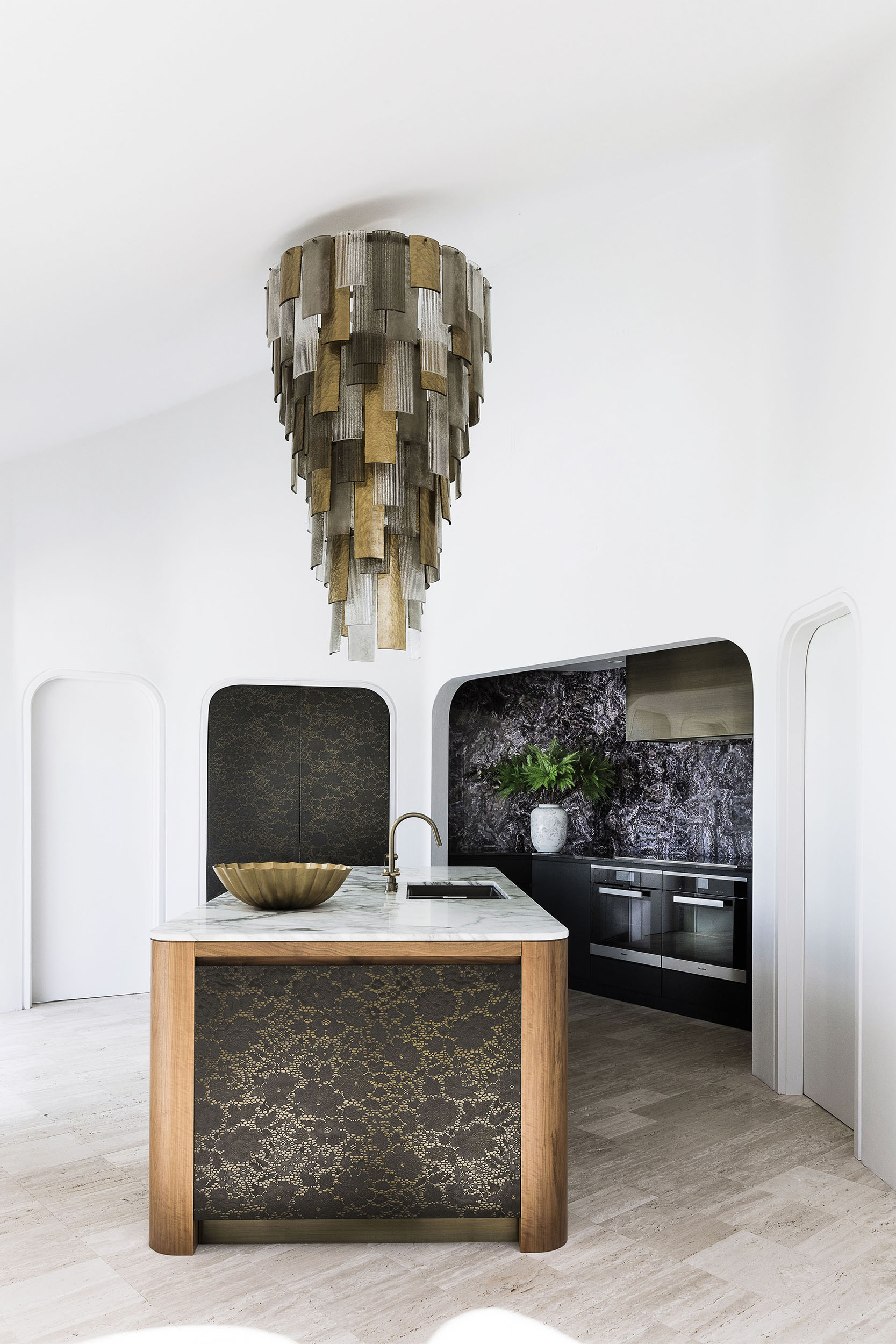Kitchen renovation with amethyst kitchen splashback and Axolotl cupboards by Sydney interior designers, Brendan Wong Design