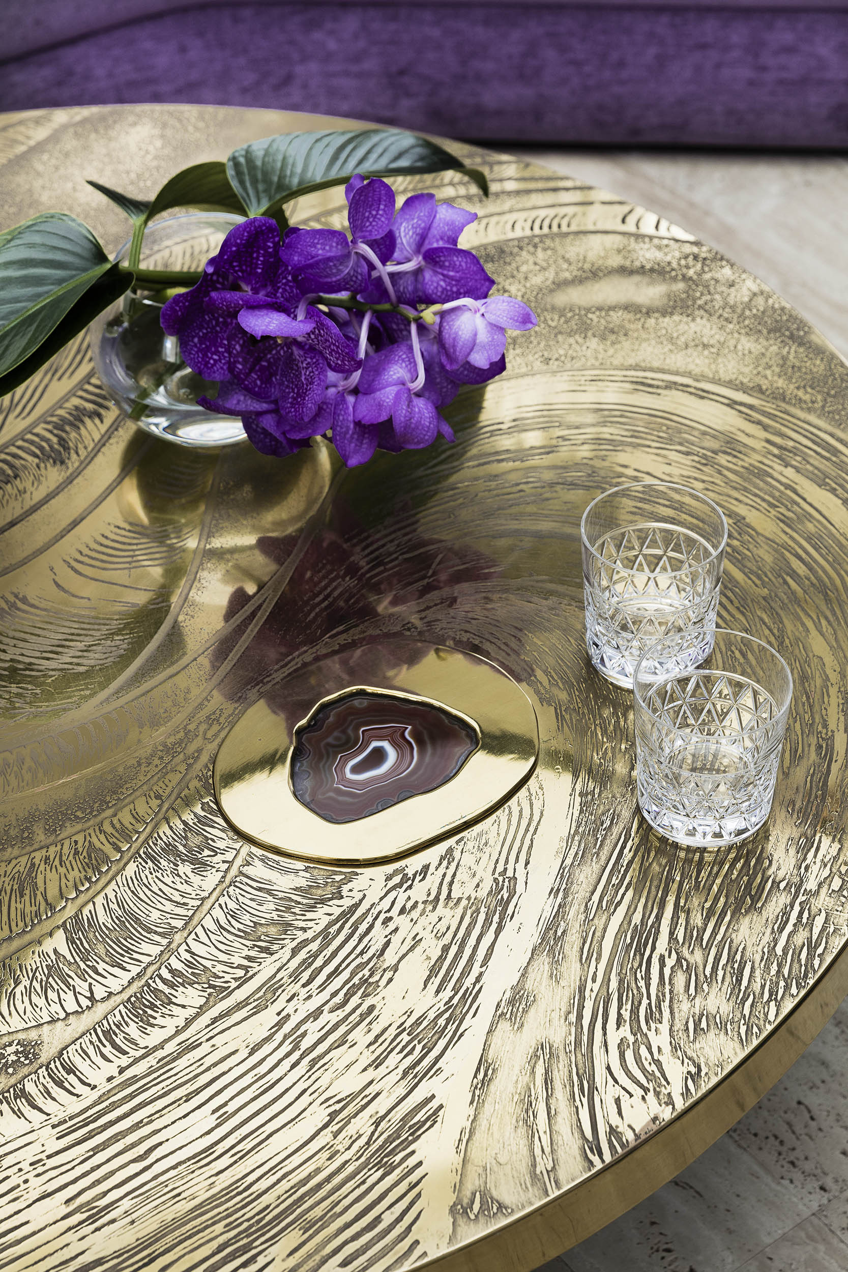 Agate inlay gold coffee table from Galerie Stanislas with floral decoration by Sydney interior designers, Brendan Wong Design