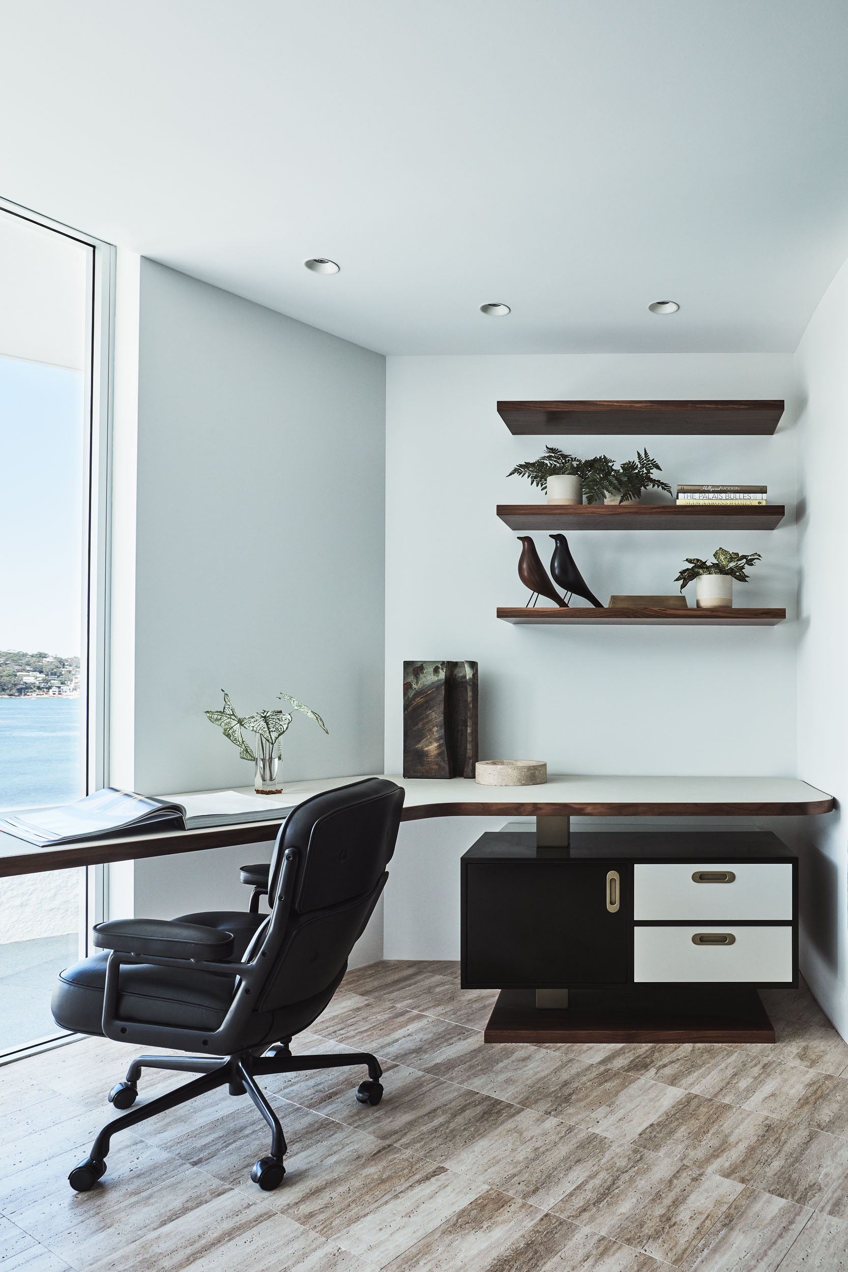 Home office study room with Eames chair and custom mid century desk by Sydney interior designers, Brendan Wong Design