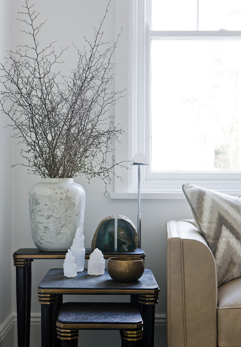 Living room side table decor with crystal accessories, antique ceramic vase and brass bowl by Sydney interior designers