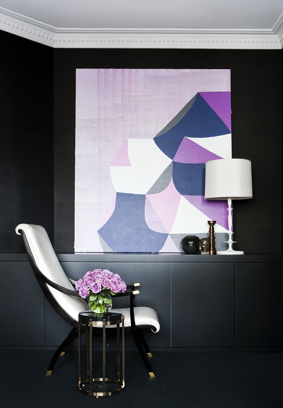 Purple artwork by artist David Band in a black and white dramatic interior by Sydney interior designers, Brendan Wong Design