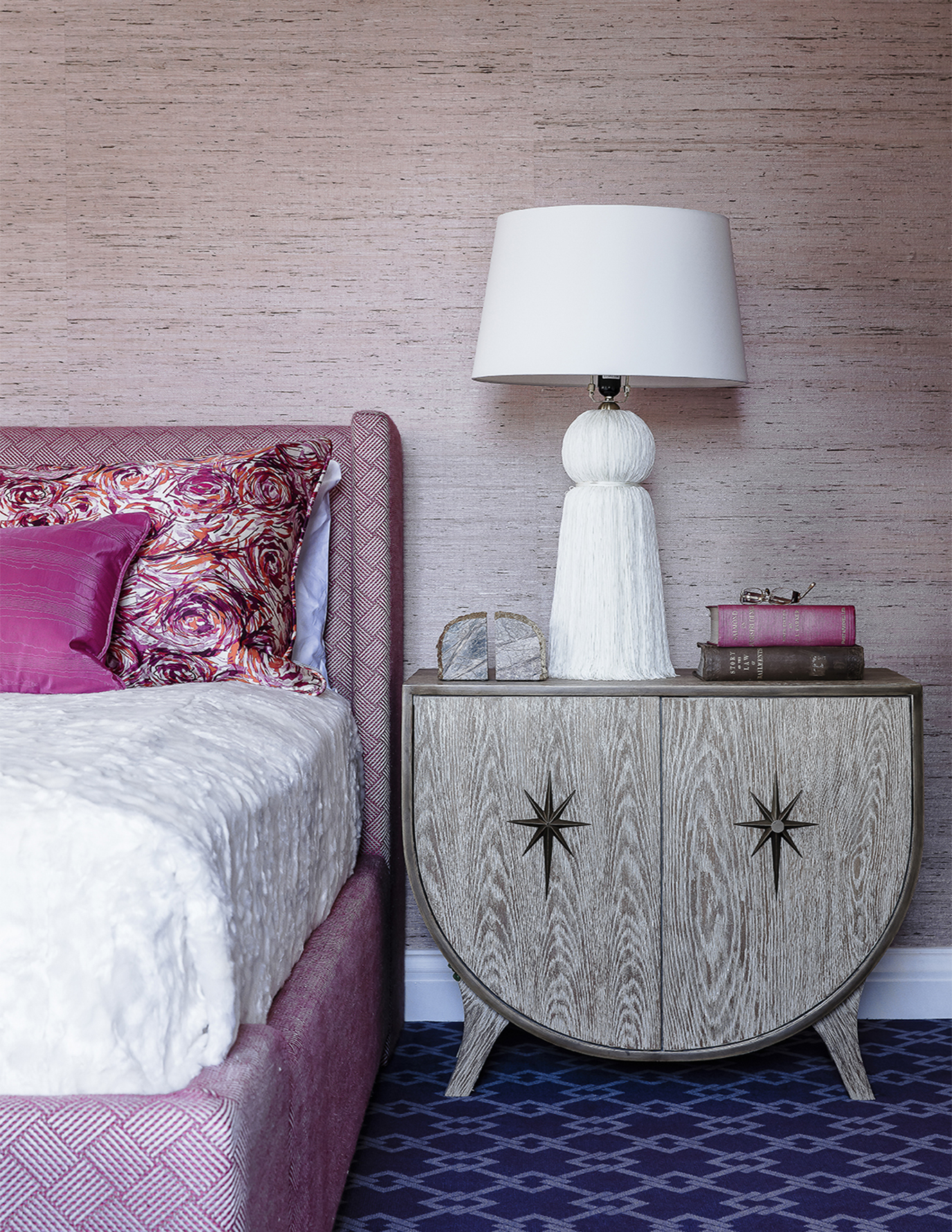 Bedroom design with pink silk wallpaper and purple geometric pattern carpet, by Sydney interior designer, Brendan Wong Design