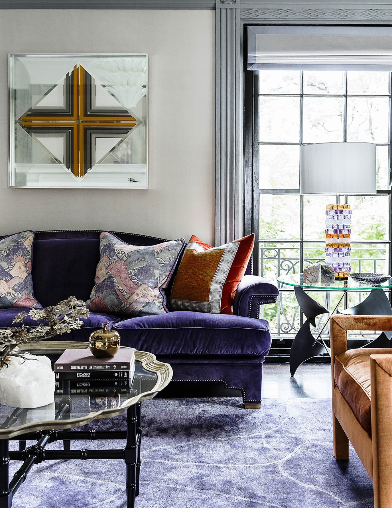 Living room purple sofa with orange velvet armchair and Murano table lamp, by Sydney interior designers, Brendan Wong Design