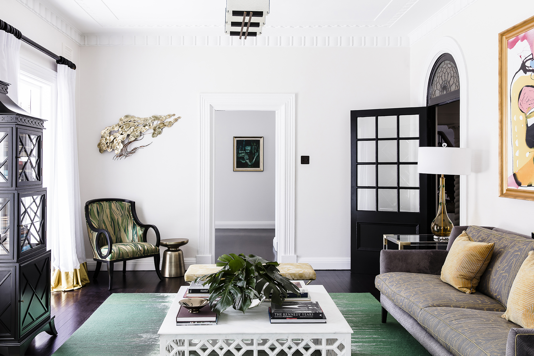 Eclectic living room design with green rug and custom furniture, by Sydney interior designer, Brendan Wong Design