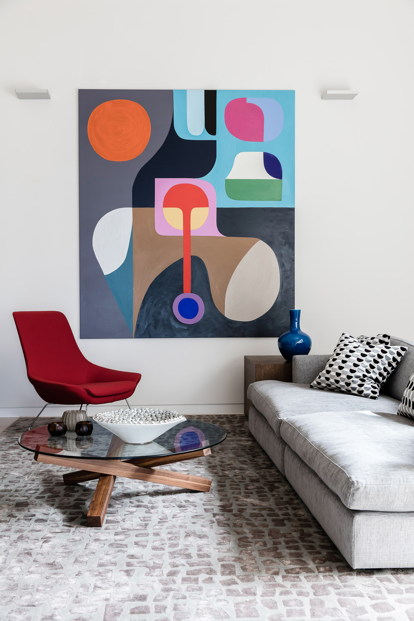 Family home rumpus room design with colourful Stephen Ormandy painting art by Sydney interior designers, Brendan Wong Design