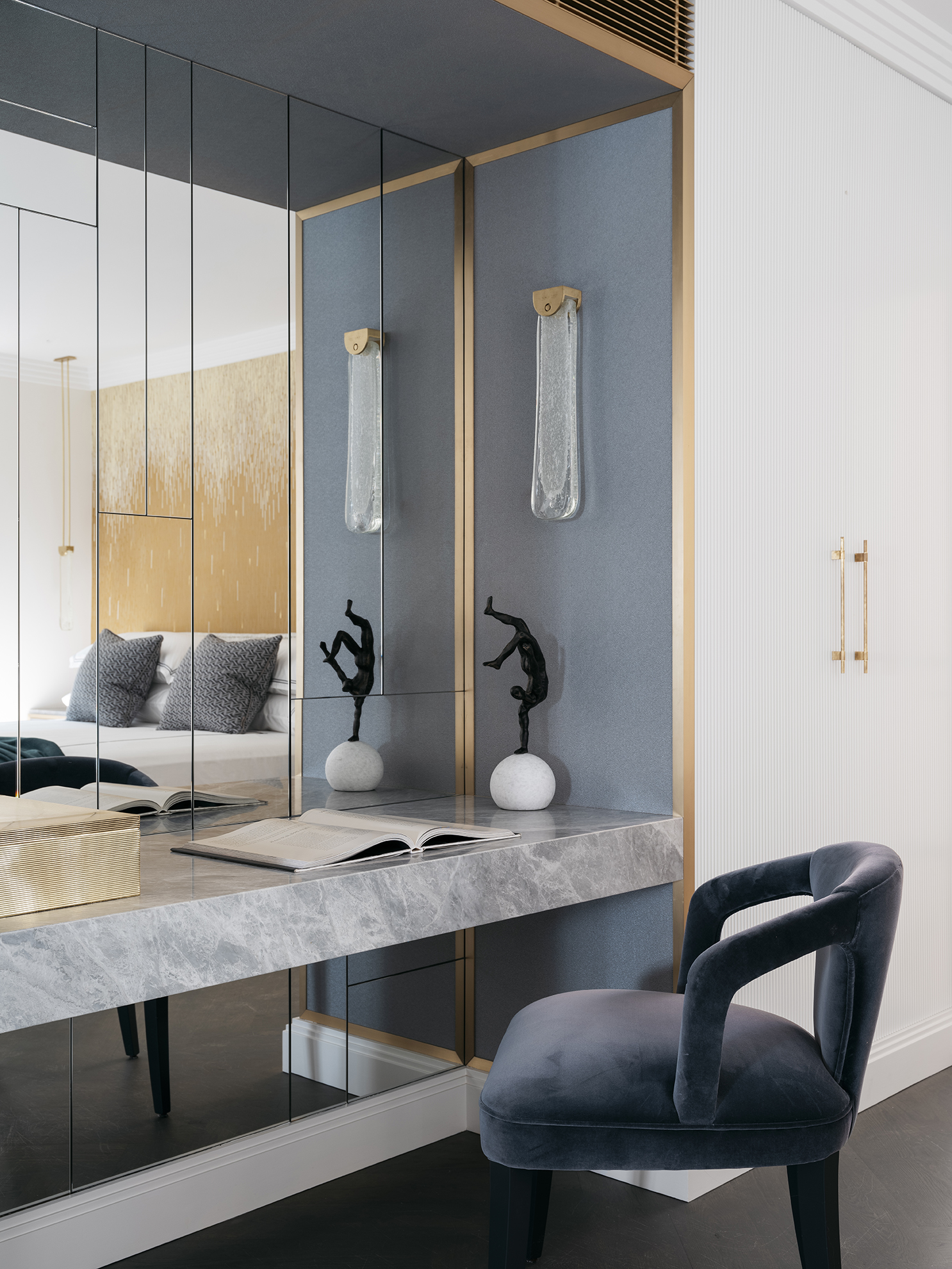 Bedroom interior renovation with Articolo lighting and Munna velvet chair, by Sydney interior designer, Brendan Wong Design