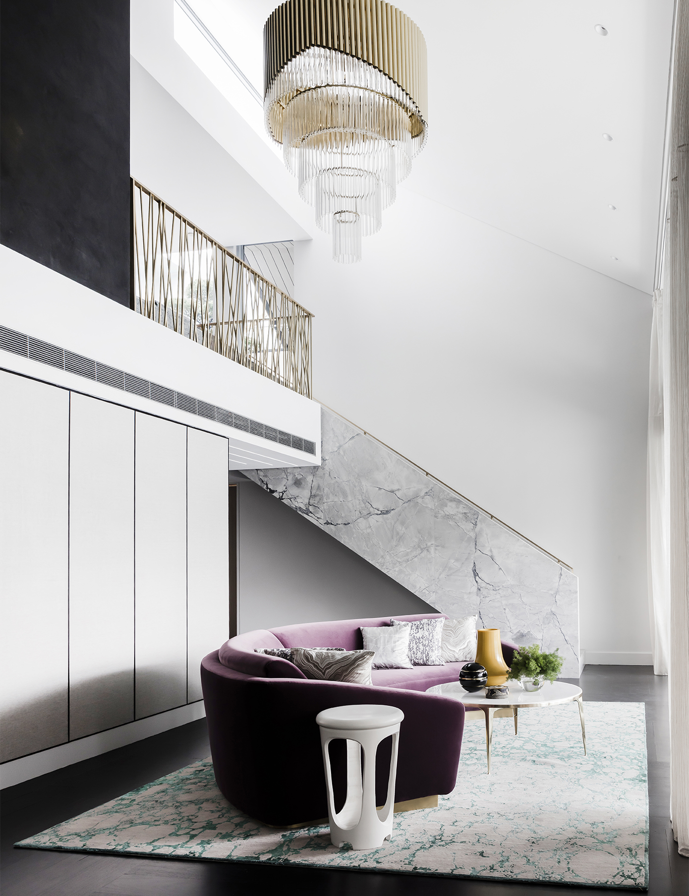 Brendan Wong Design Wharf Penthouse Purple Lounge, Marble Staircase and Brass Chandelier