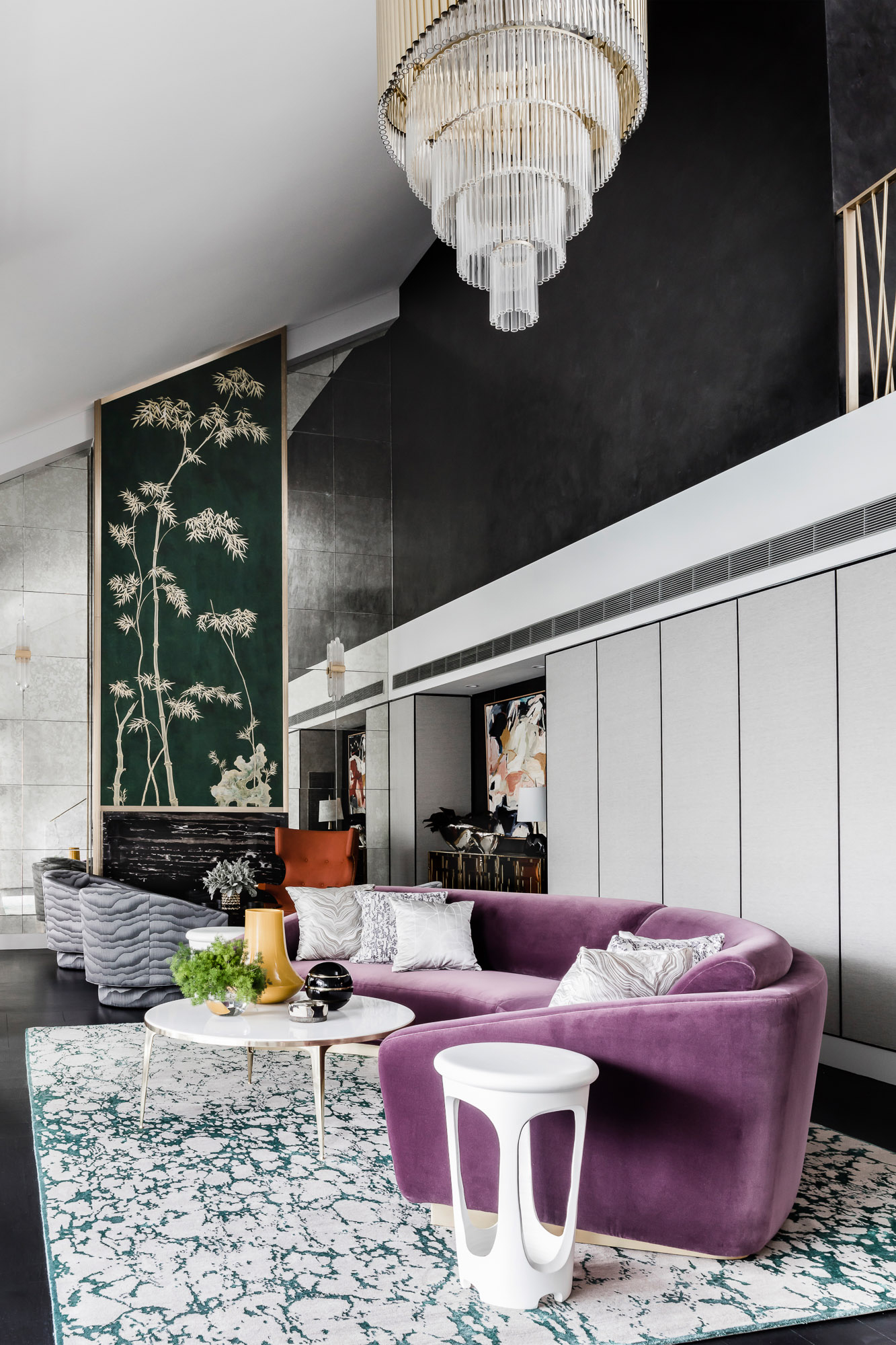 Pyrmont penthouse renovation with black marble fireplace and De Gournay hand painted wallpaper by Sydney interior designers