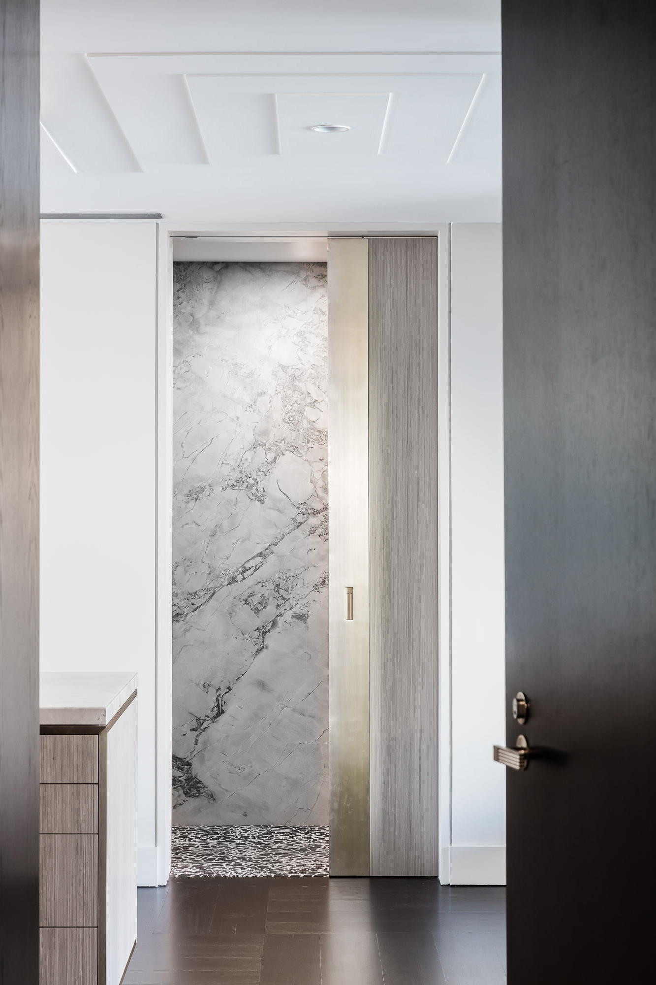 Brass finished sliding door with dramatic marble backdrop by Sydney Interior designers, Brendan Wong Design