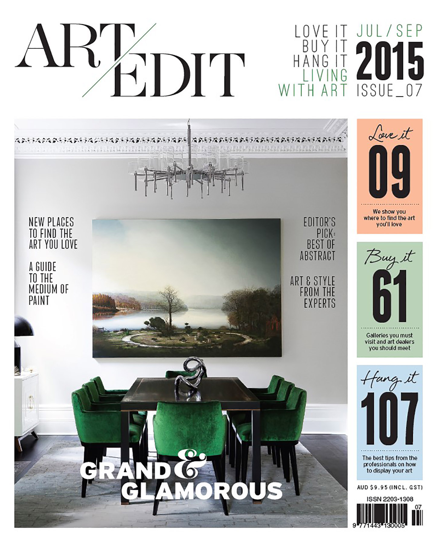 Art Edit Front Cover Featuring Brendan Wong Design Dining Room with Green Velvet Chairs, Black Tabel and Alexander McKenzie Artwork