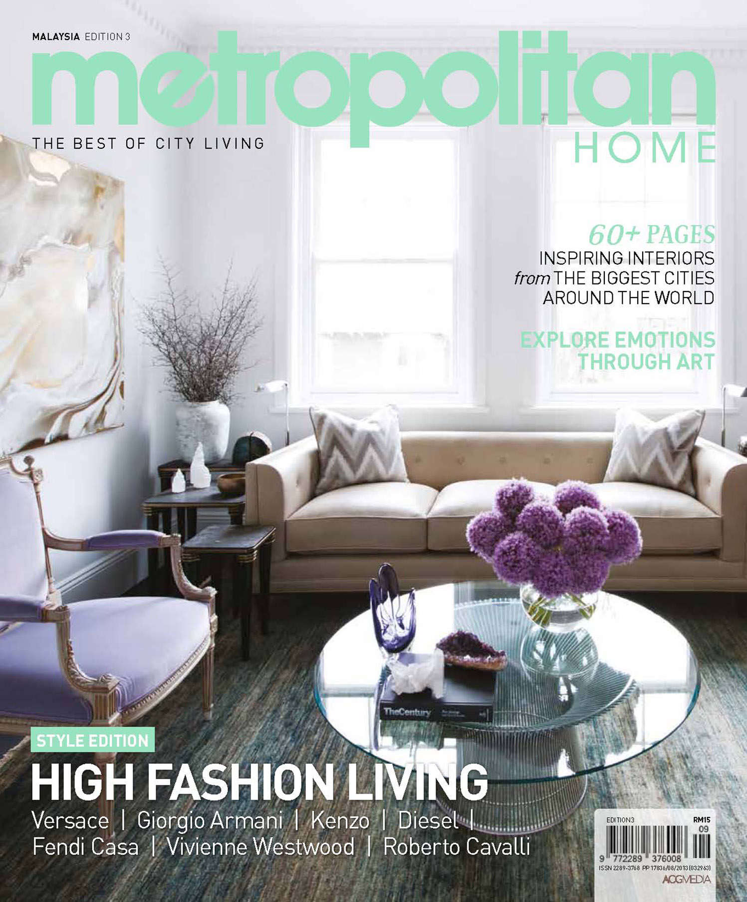 Metropolitan Home Front Cover Featuring Brendan Wong Design Lounge Room with Gold Art, Gold Lounge and Purple Chairs